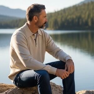 Raffi Linea Uomo Mens XL Cream Beige Ribbed Front Long Sleeve Polo Sweater Italy